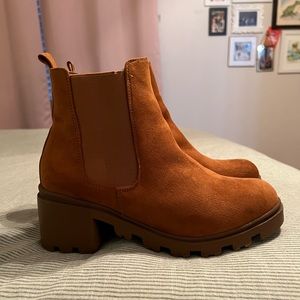 Camel Suede Lug Sole Booties | Just Fab | 11W | Worn Twice | On Trend